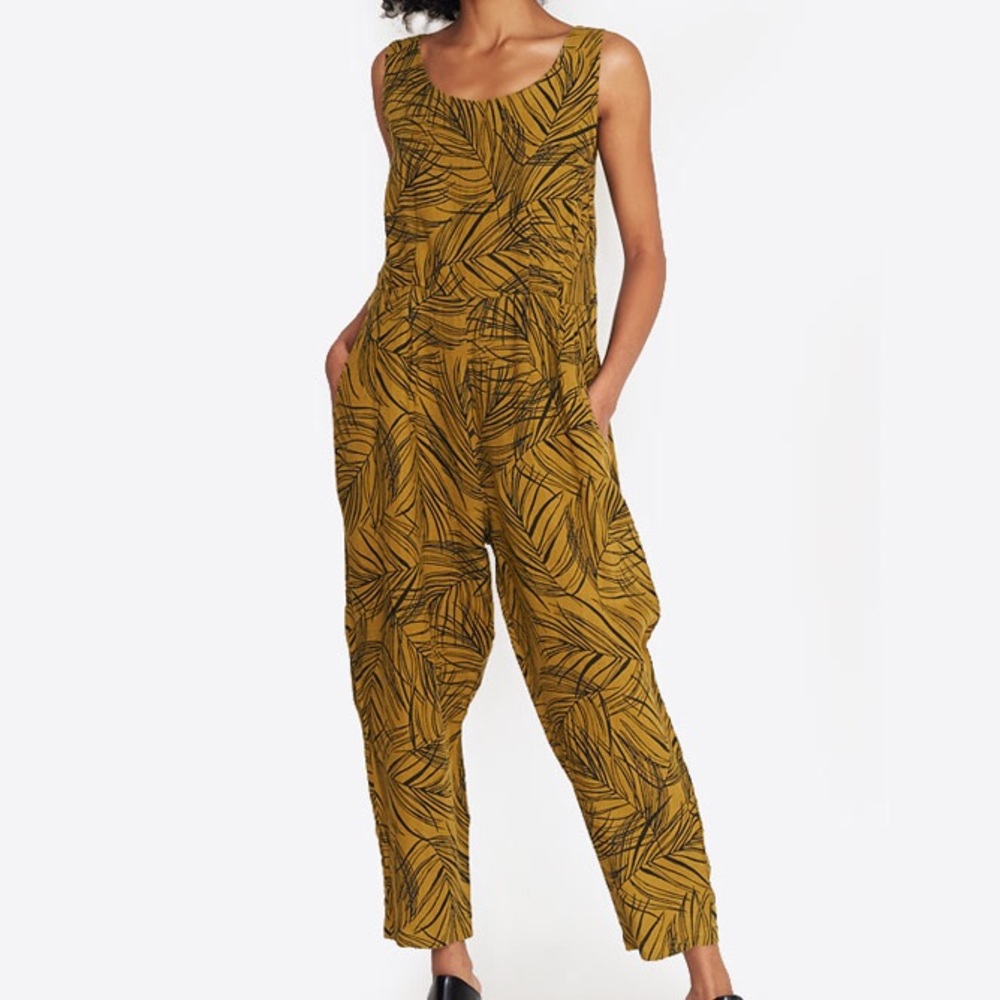Black Crane Jumpsuit Leaf Print